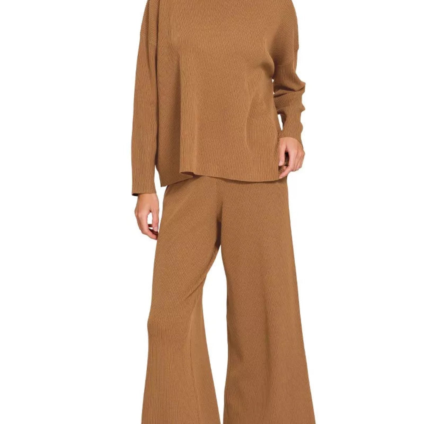 Close up detail of the ultra soft premium viscose knit fabric on a deep camel Zenana lounge set from Solazura Boutique
