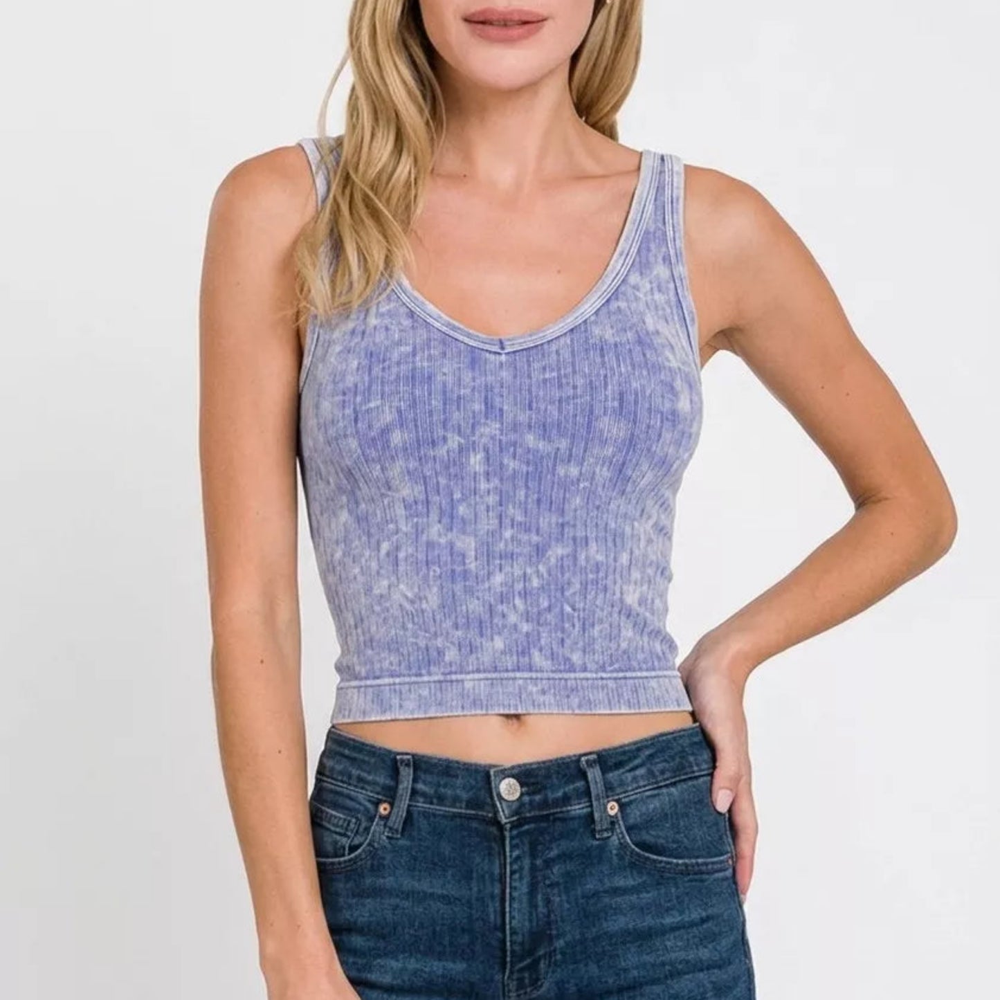 Zenana Washed Ribbed Seamless Cropped V-Neck Tank Top in Light Indigo - Detail View