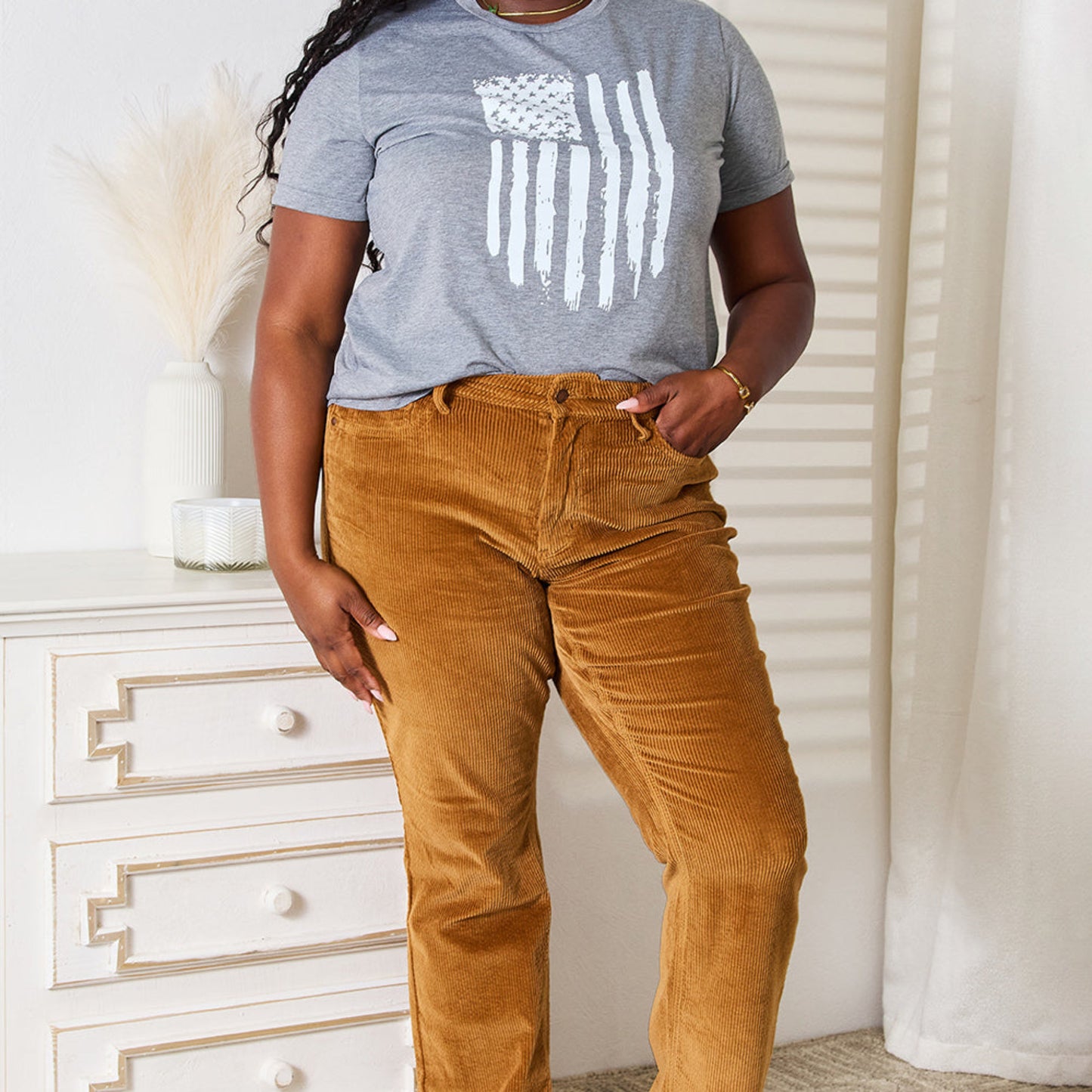 Simply Love US Flag Graphic Cuffed Sleeve T-Shirt in Gray - Detail View