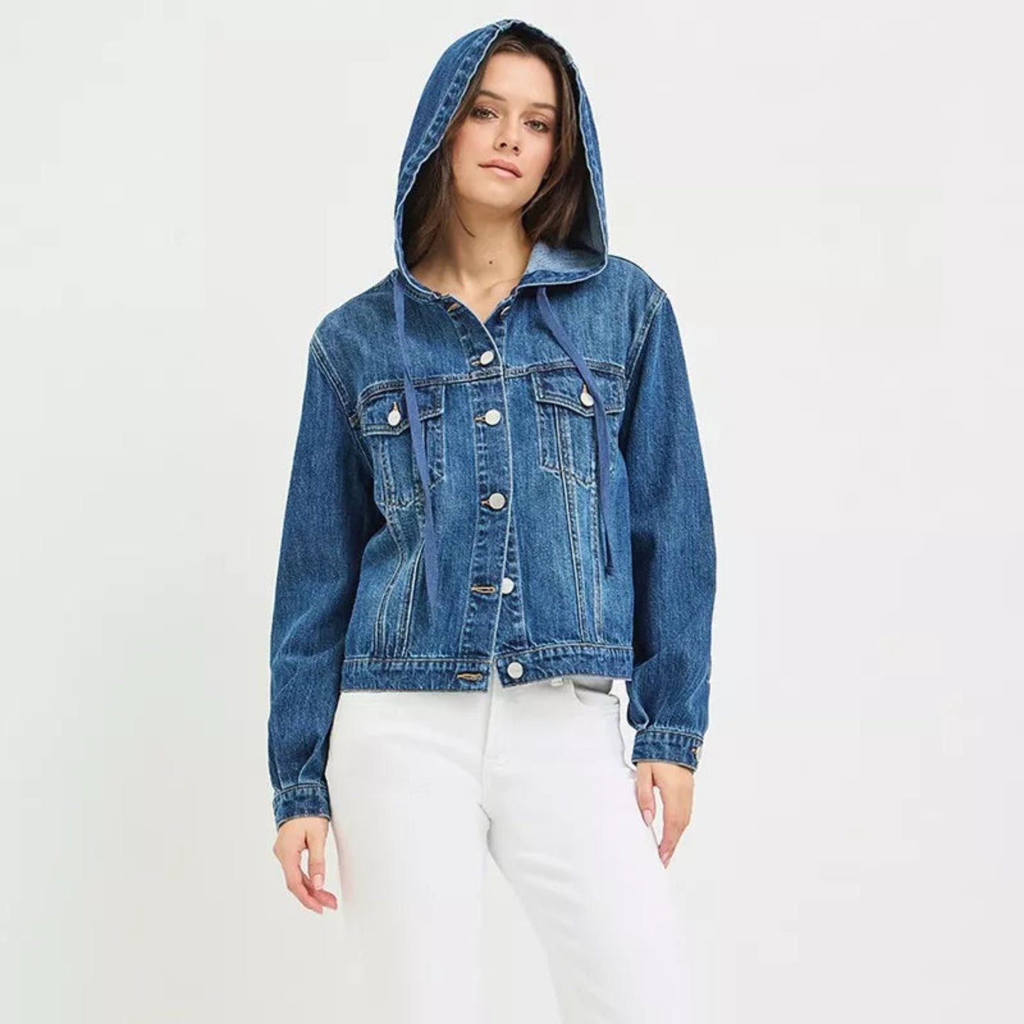 RISEN Hooded Denim Jacket in Medium Wash - Detail View