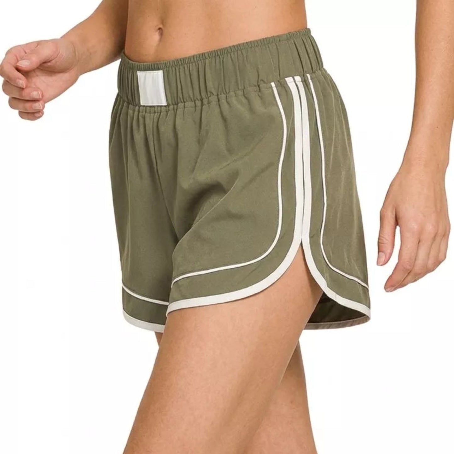 Zenana Soft Woven Lined Dolphin Shorts in Dusty Olive - Lifestyle View