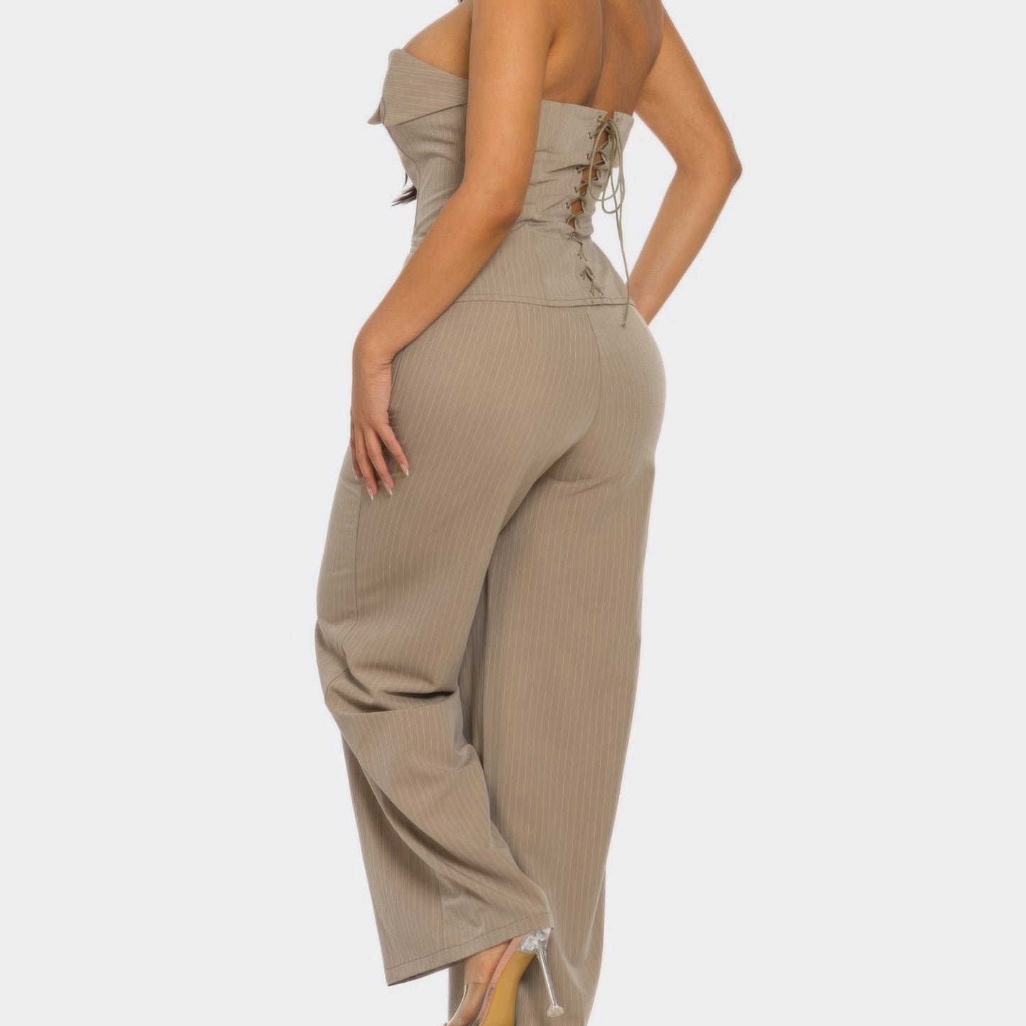 Power Structure Corset Top and Pinstripe Wide-Leg Trouser Set in Mocha - Back View