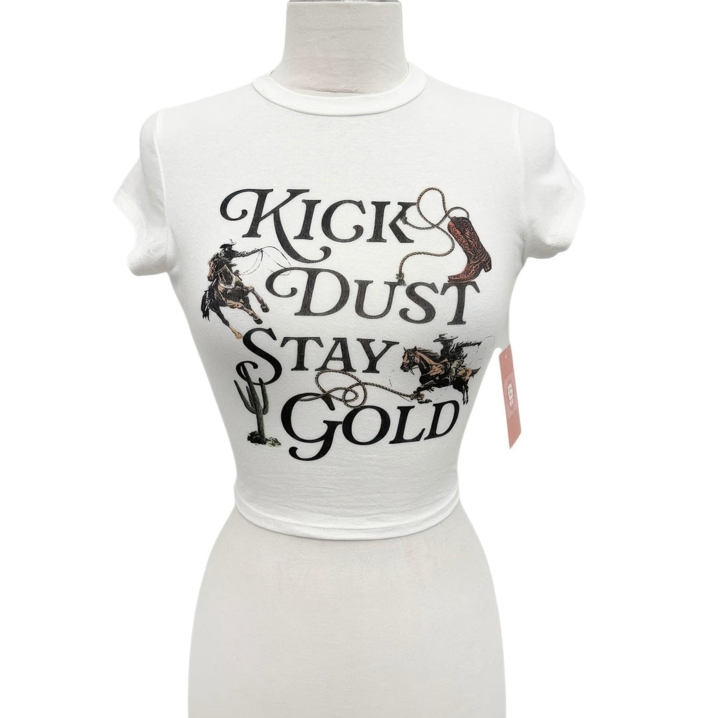 Kick Dust Stay Gold Western Graphic Crop Tee in Ivory - Close View