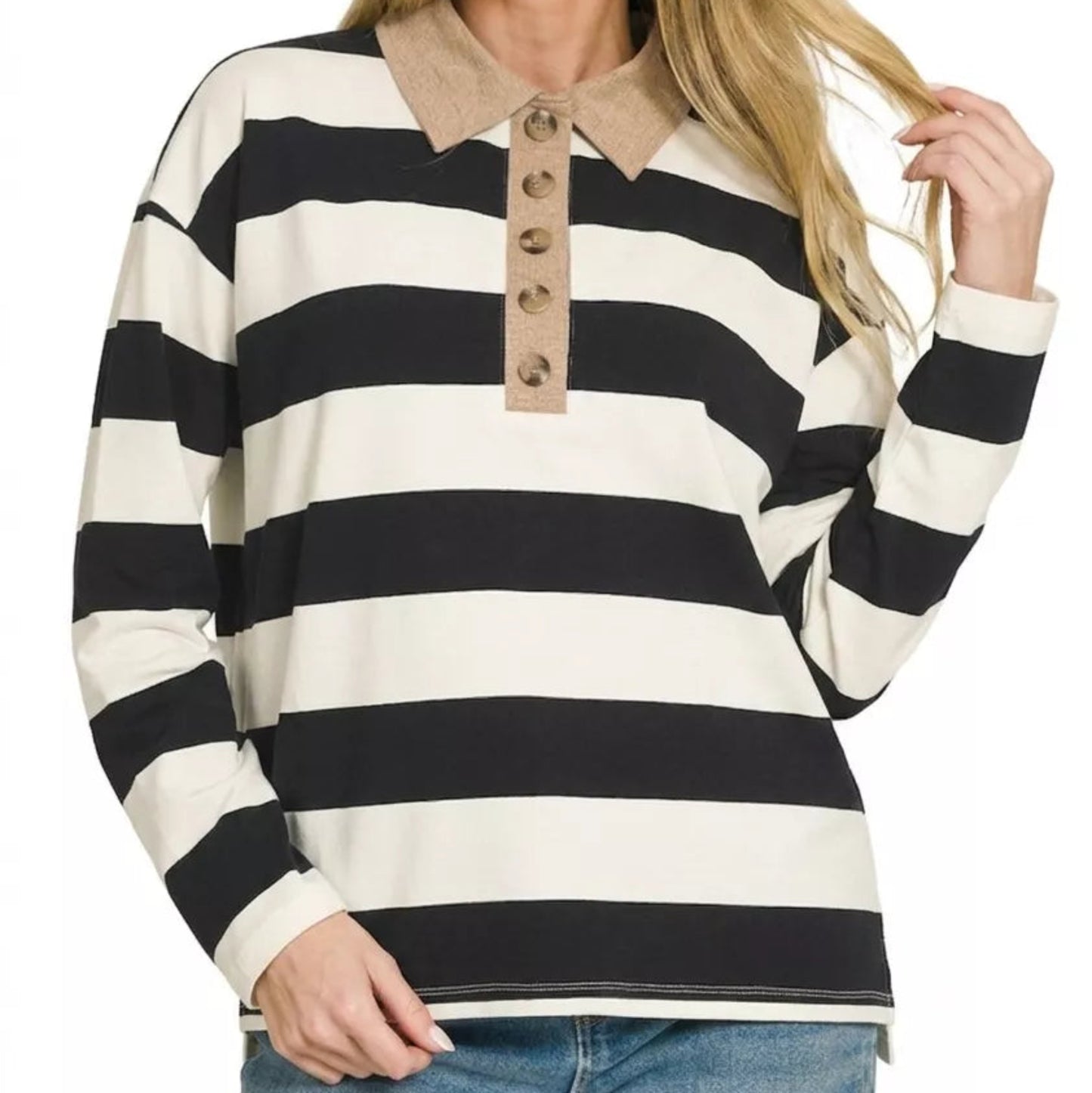 Preppy everyday streetwear outfit styling with a striped Zenana contrast polo top from Solazura Boutique