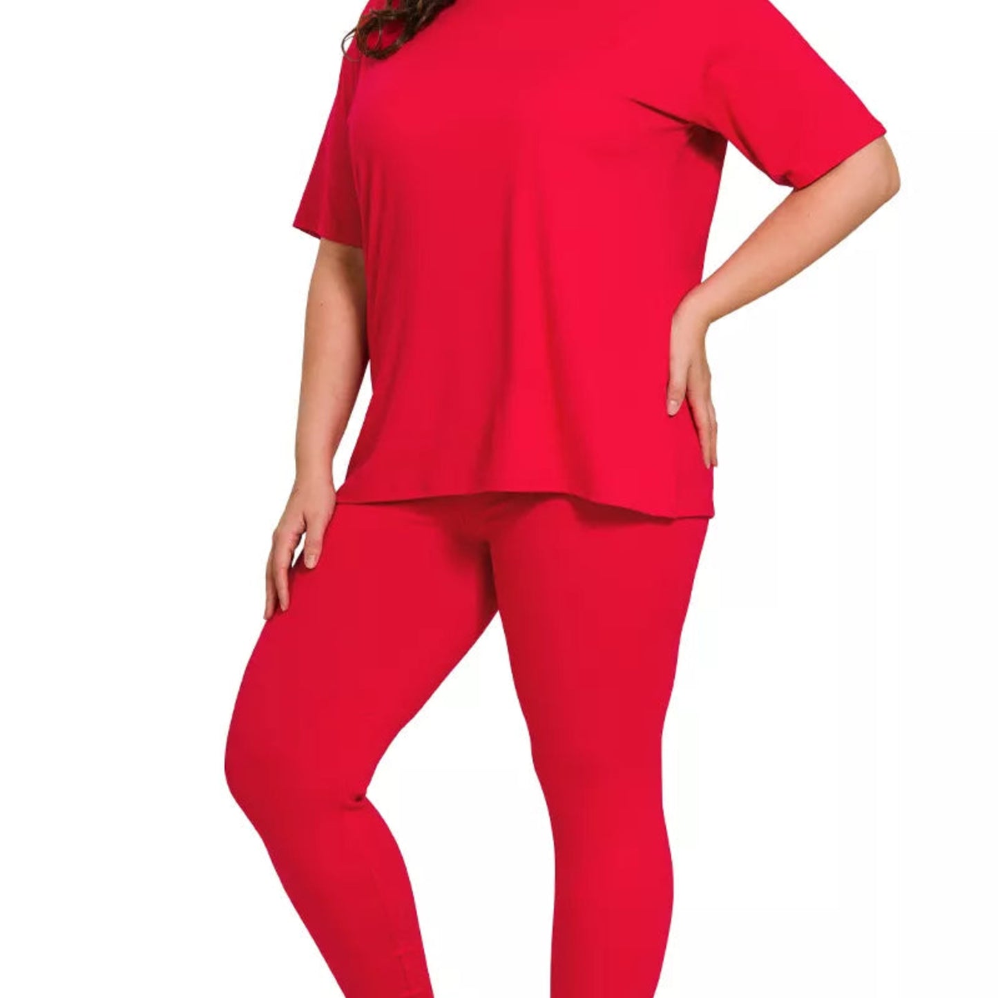 Detailed view of the soft brushed DTY microfiber texture and plus-size fit of the ruby set.