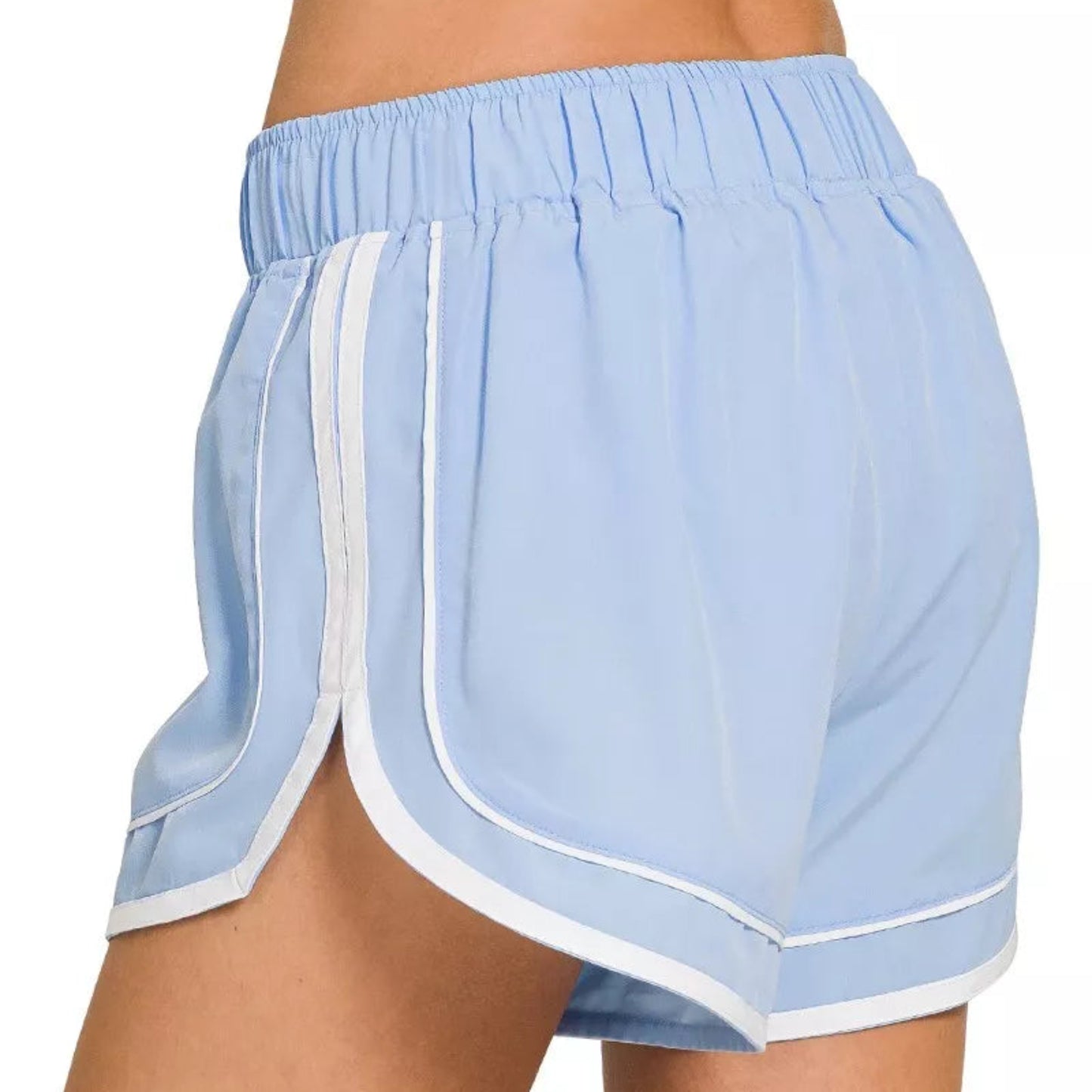 Zenana Soft Woven Lined Dolphin Shorts in Light Blue - Back View