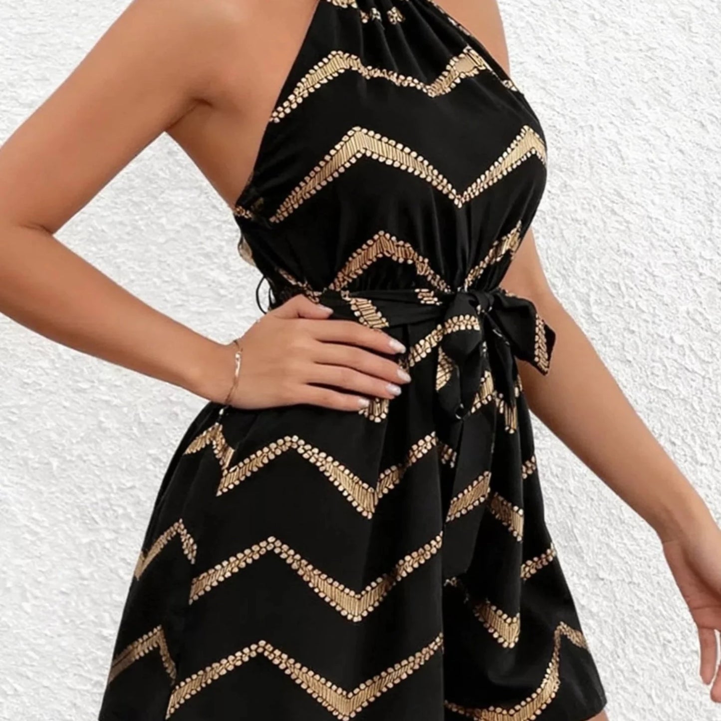 Chevron Halter Neck Romper - Black-Trendsi - Solazura Boutique