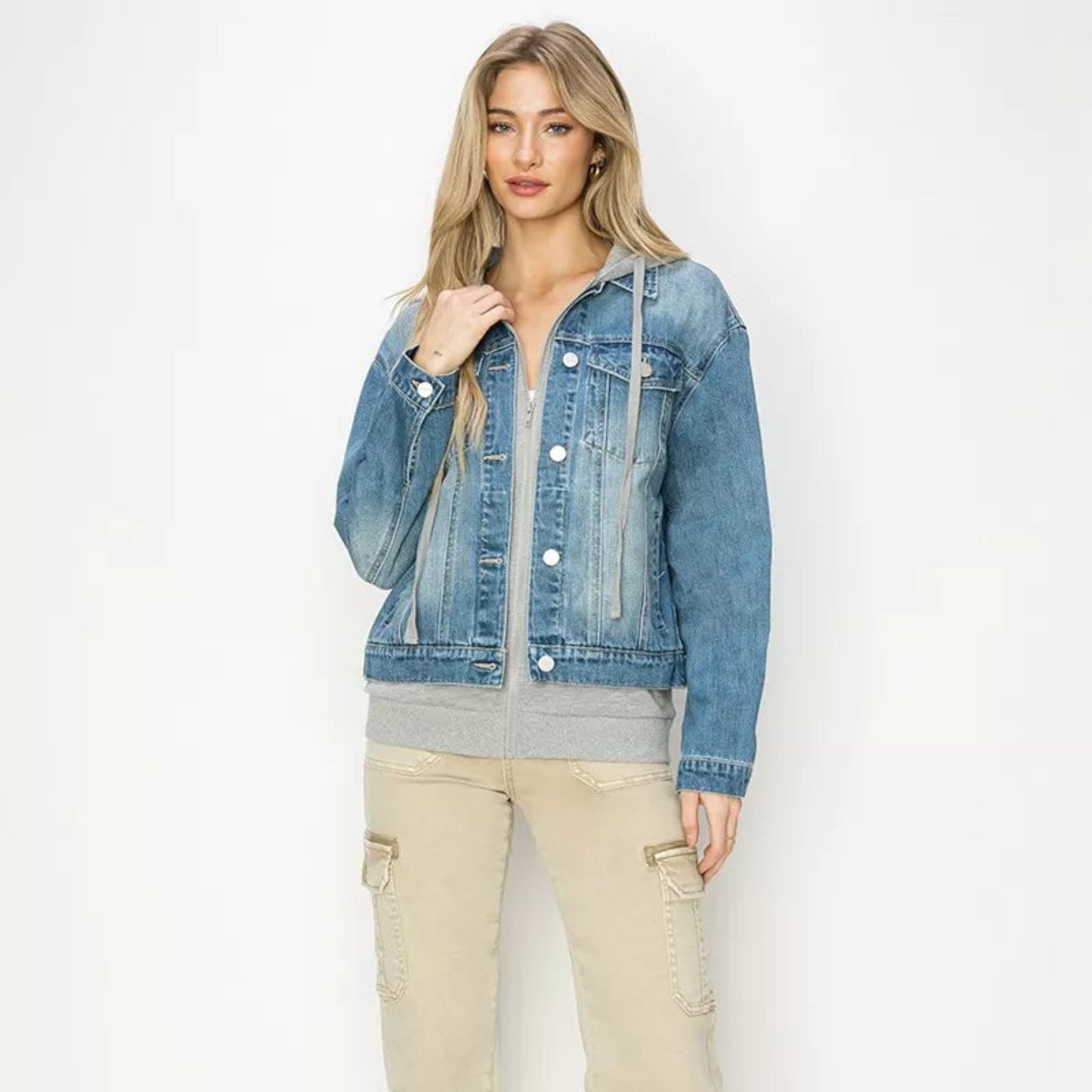 RISEN Oversized Hoodie Jacket in Medium Wash - Detail View