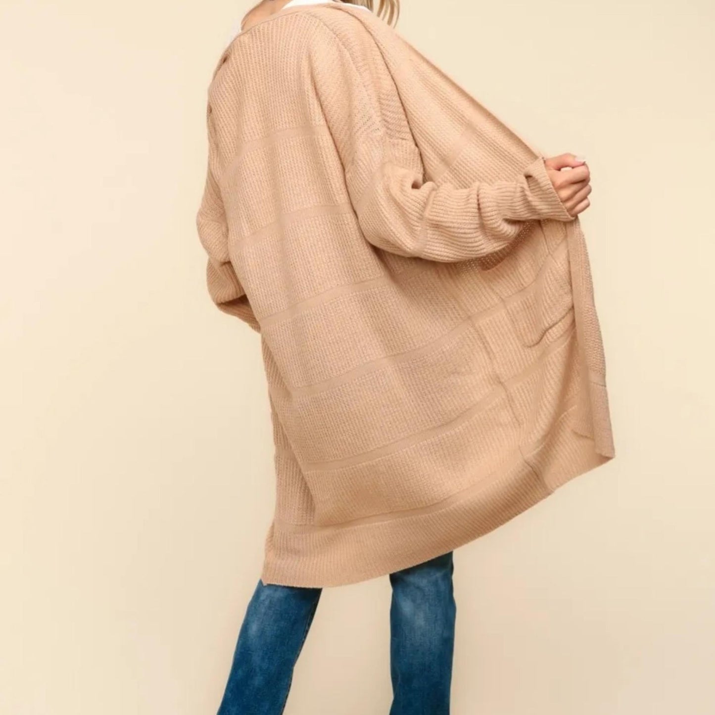 Haptics Stripe Textured Open Front Cardigan with Pockets - Taupe-Trendsi - Solazura Boutique