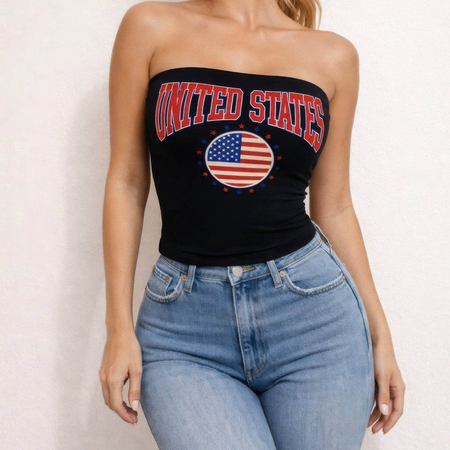 Patriotic USA Graphic Strapless Tube Top - Ivory & Black-Solazura Boutique - Solazura Boutique
