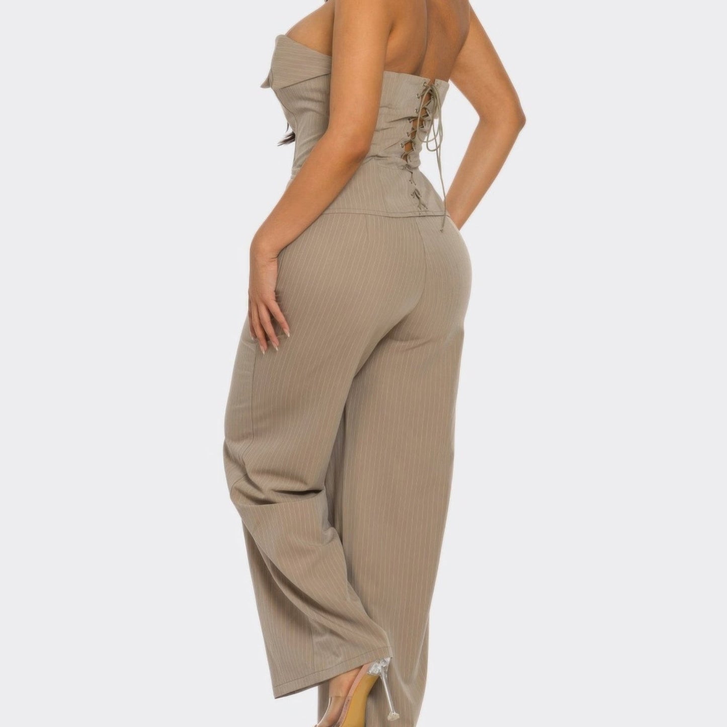 Power Structure Corset Top & Pinstripe Wide-Leg Trouser Set - Black & Mocha-Solazura Boutique - Solazura Boutique