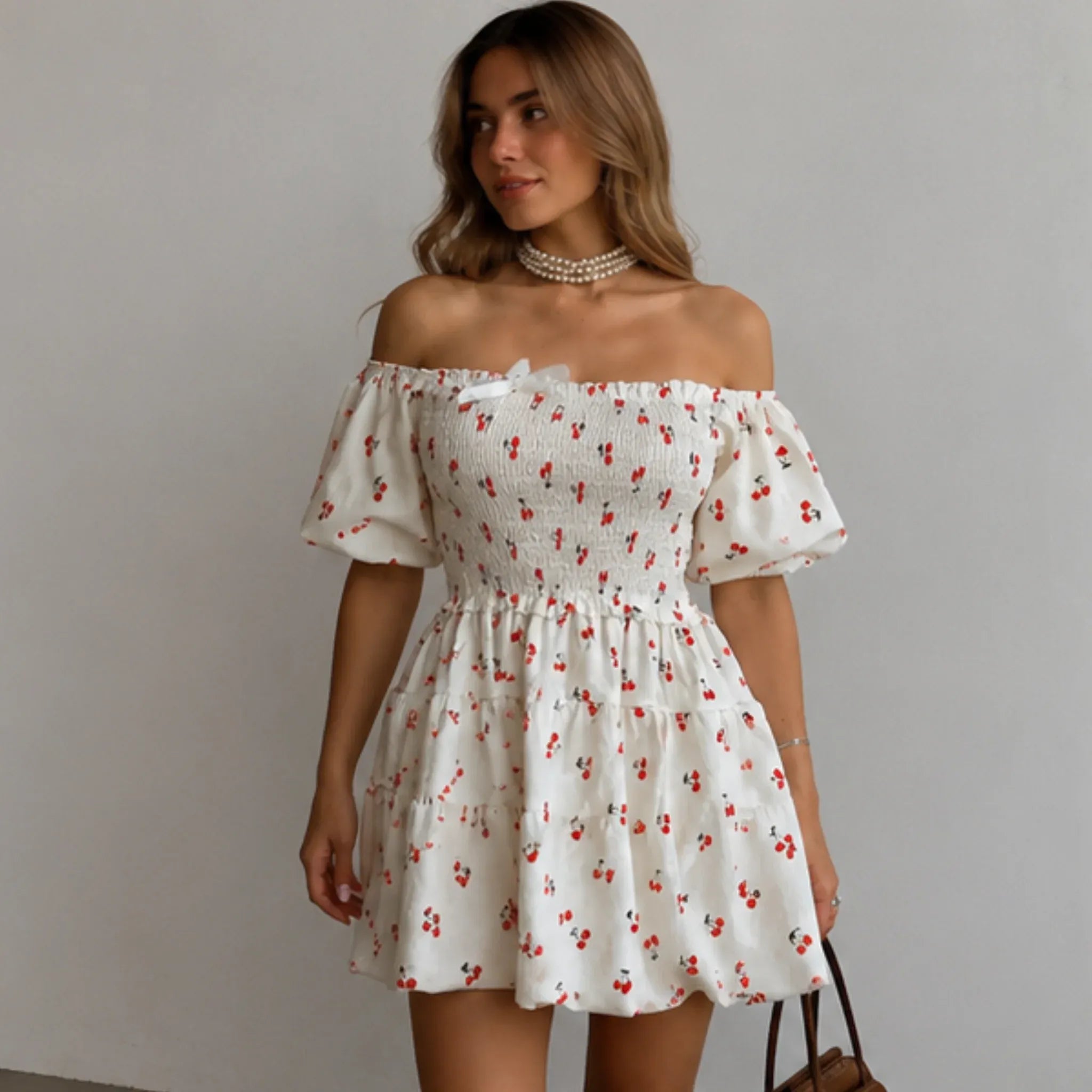 cherry mini dress Print Puff Sleeve Smocked Color:Terra Brown Oak Mini Dresses + Fun Strapless neckline with gel 1 Size Ready to Ship