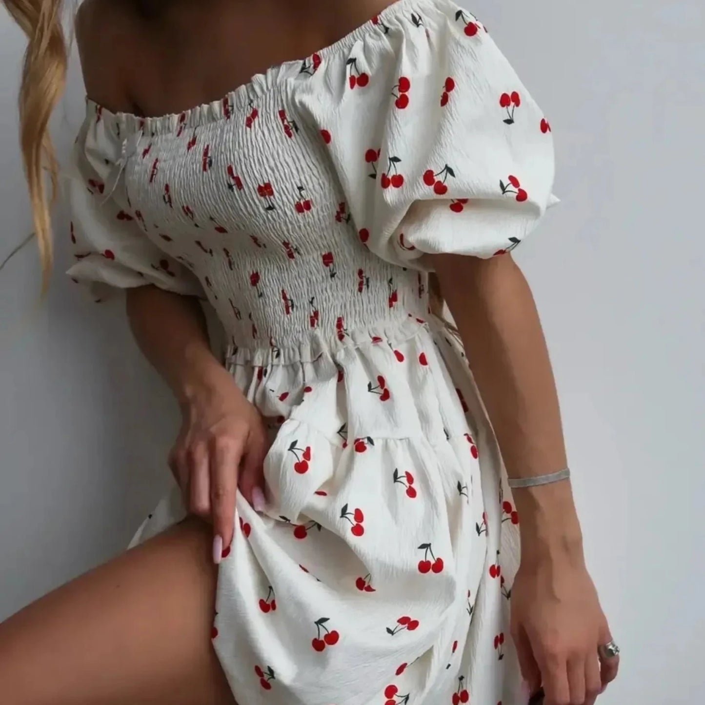 Puff Sleeve Cherry Print Smocked Mini Dress-Trendsi - Solazura Boutique