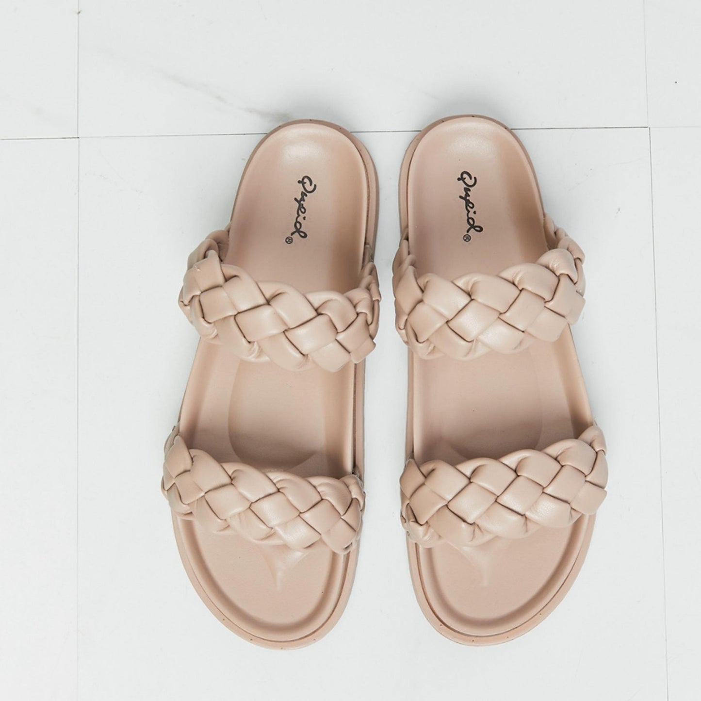 Qupid birch braided open toe slippers — close-up of woven faux leather detail.