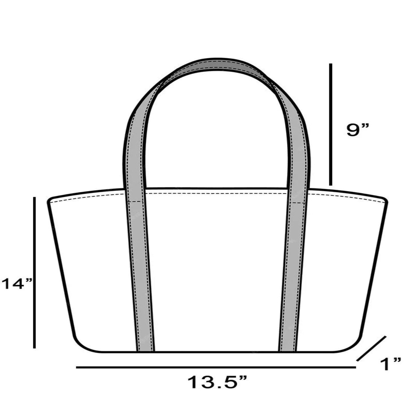 Size chart for the ribbon bow tie print tote bag showing 13.5 inch height and length