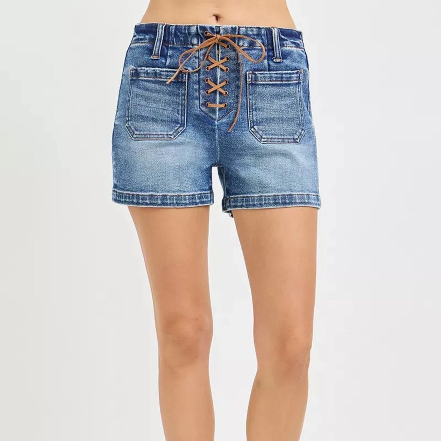 RISEN Women's High Rise Tie Waist Denim Shorts-Trendsi - Solazura Boutique