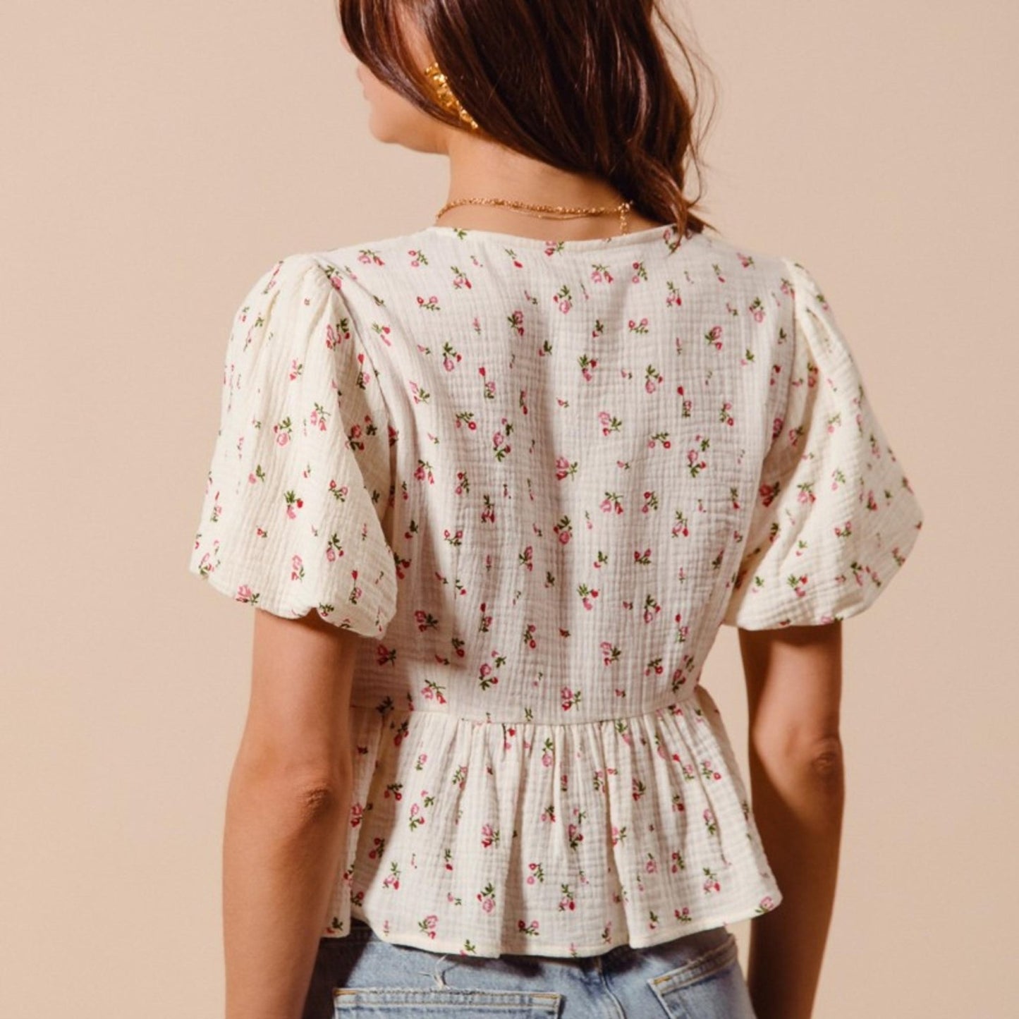 SO ME Women's Ditsy Floral Tie-Front Gauze Blouse-Trendsi - Solazura Boutique