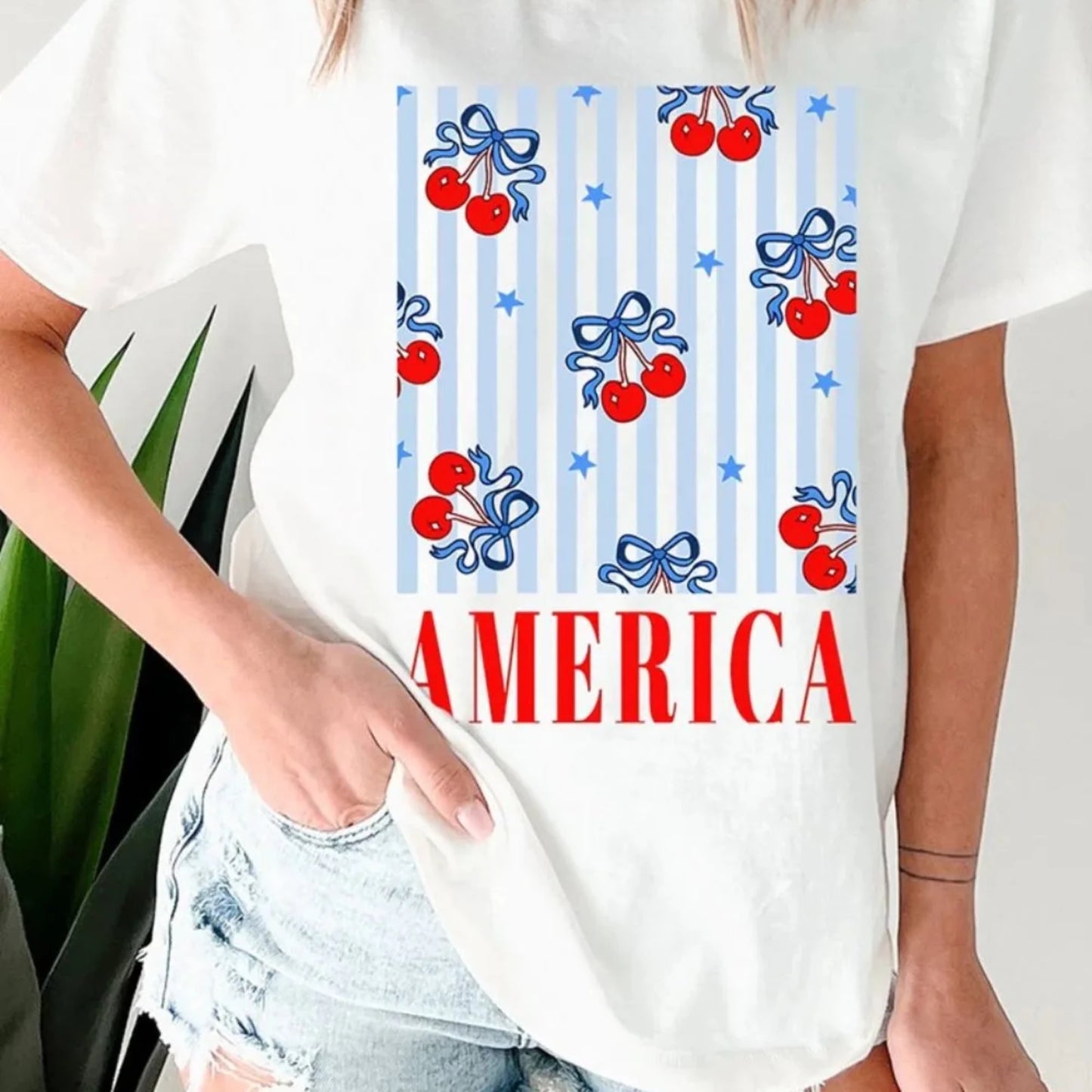 Women's Bow Cherry America Graphic Patriotic T-Shirt-Trendsi - Solazura Boutique
