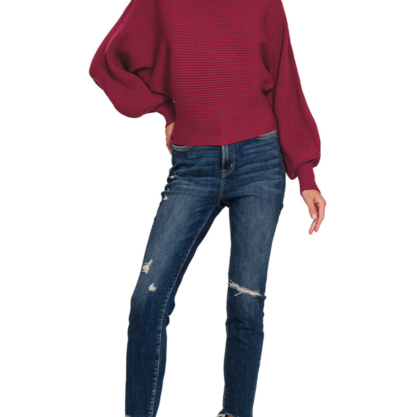 Full-length view of the Cabernet balloon sleeve sweater styled for a boutique look.