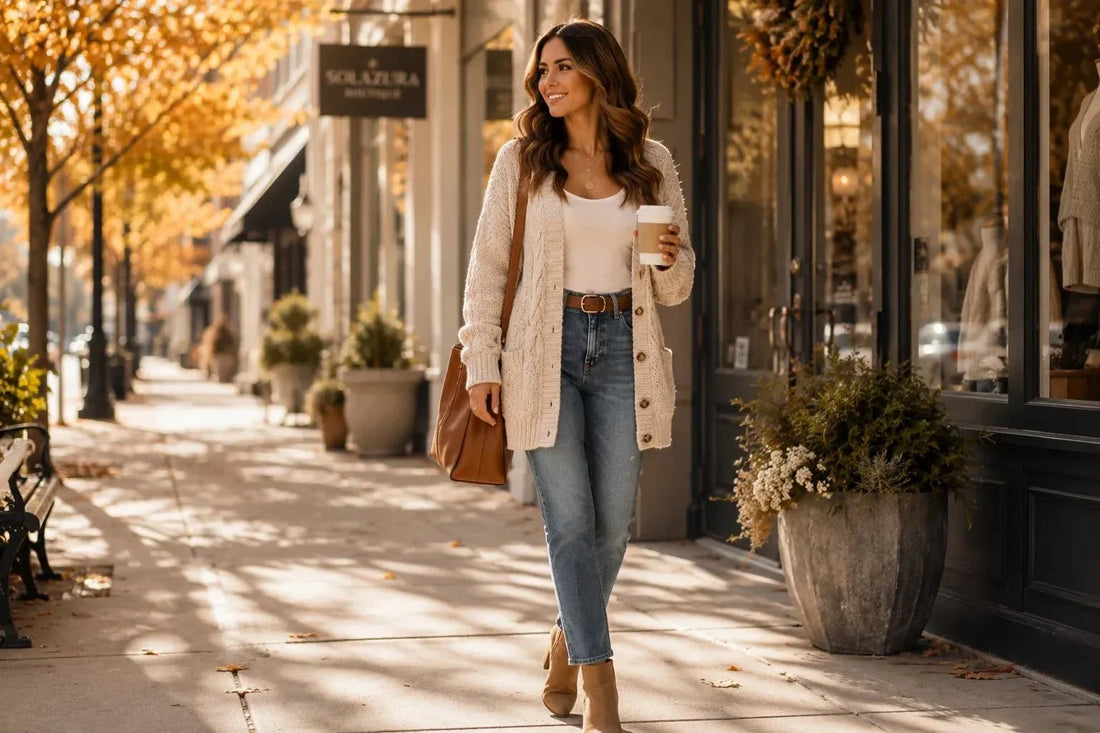 Cardigan Season outfit featuring a woman wearing a cream cable knit cardigan, boutique jeans, and ankle boots on a fall shopping street.