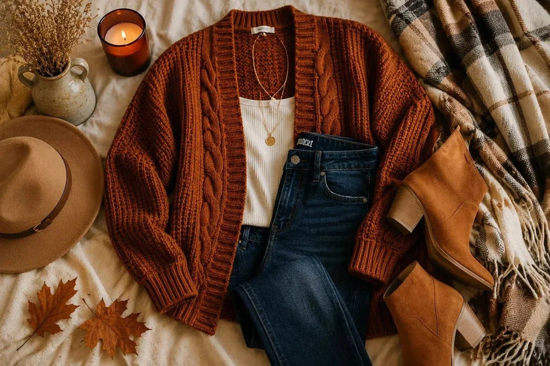 Flat lay of a rust knit cardigan, dark wash jeans, ankle boots, and fall accessories for cozy autumn layering inspiration.