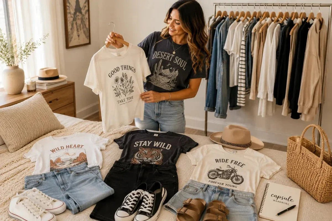 Woman creating a capsule wardrobe with graphic tees, light wash jeans, and neutral boutique essentials in a bright, organized bedroom featuring a minimalist clothing rack and casual everyday fashion.