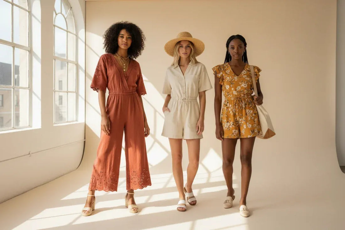 Three women modeling stylish Zenana rompers in neutral summer boutique fashion at Solazura Boutique.