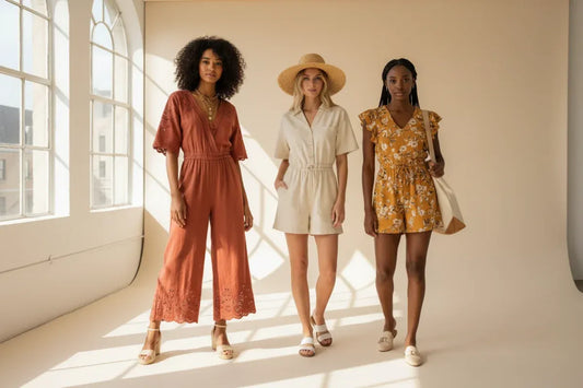 Three women modeling stylish Zenana rompers in neutral summer boutique fashion at Solazura Boutique.