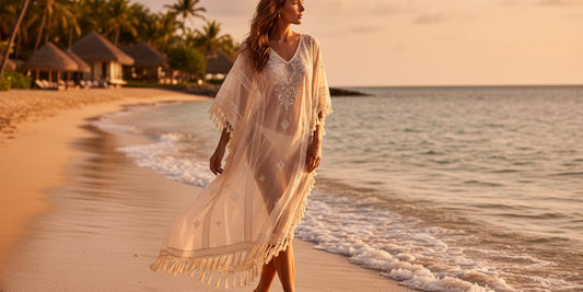 A collection of boho beach cover-ups including sarong skirts, crochet styles, and maxi dresses curated by Solazura Boutique.