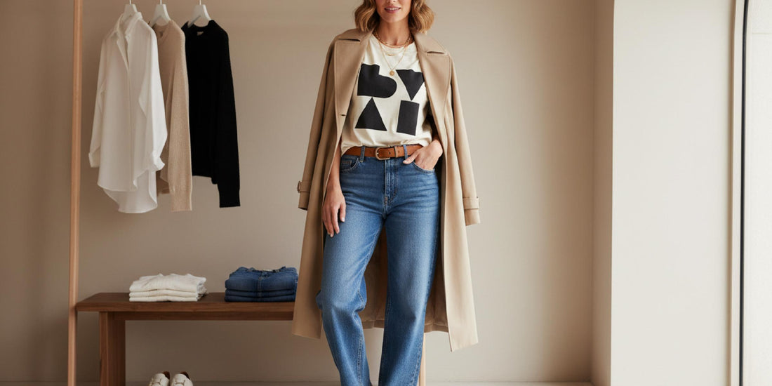 A flat lay of a minimalist capsule wardrobe featuring vintage-inspired graphic tees, a denim jacket, neutral trousers, and gold accessories from Veloura Lane.