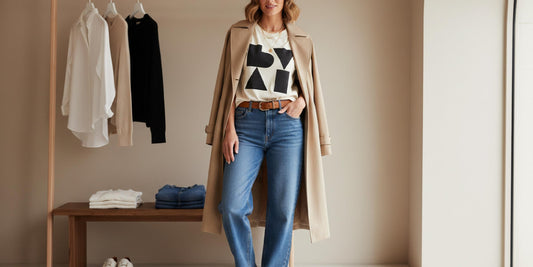 A flat lay of a minimalist capsule wardrobe featuring vintage-inspired graphic tees, a denim jacket, neutral trousers, and gold accessories from Veloura Lane.