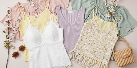 A curated collection of spring 2026 boutique tops featuring floral prints, pastel knits, and romantic puff-sleeve blouses from Solazura Boutique.