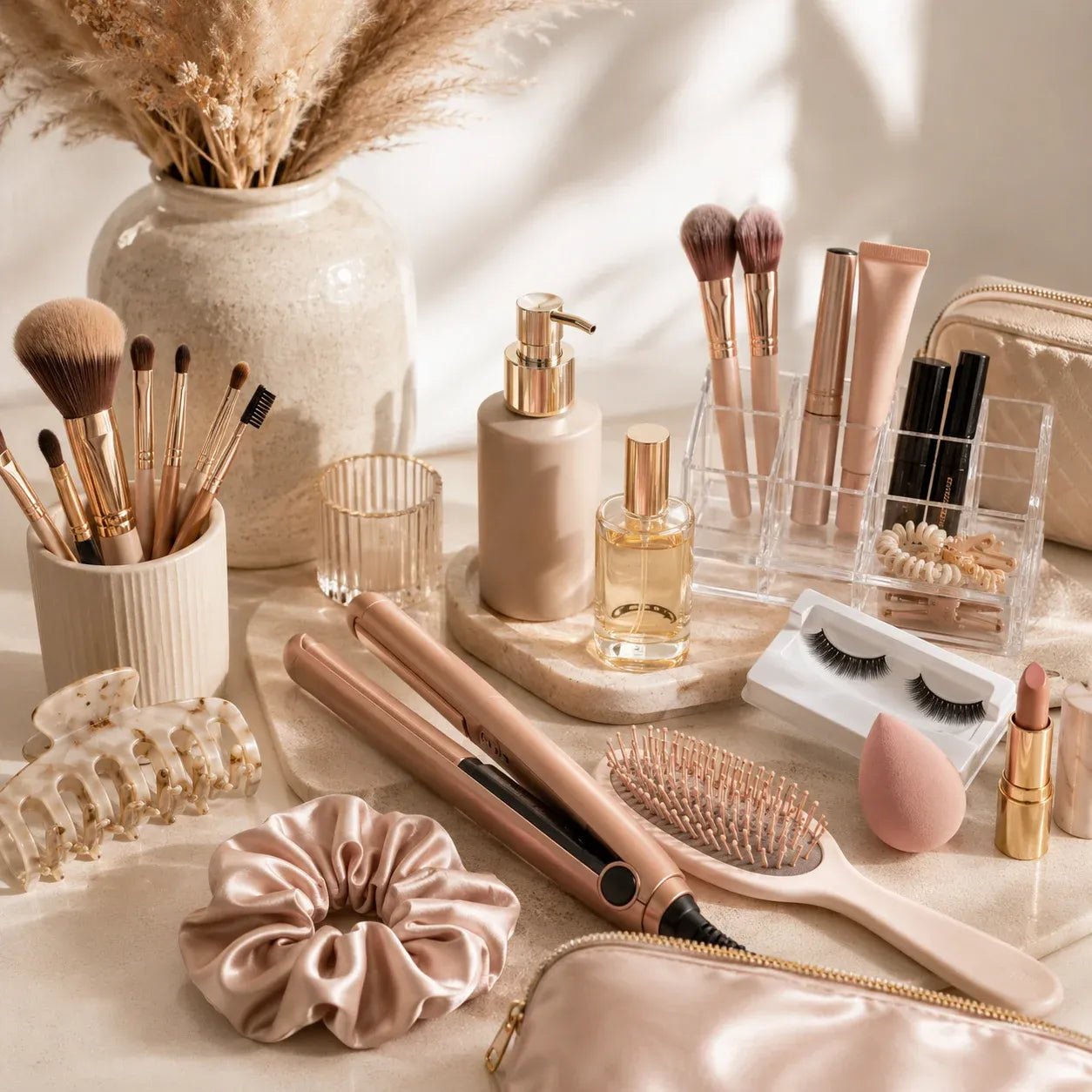 Luxury beauty essentials featuring hair tools, makeup accessories, lashes, hair accessories, and cosmetic organizers.