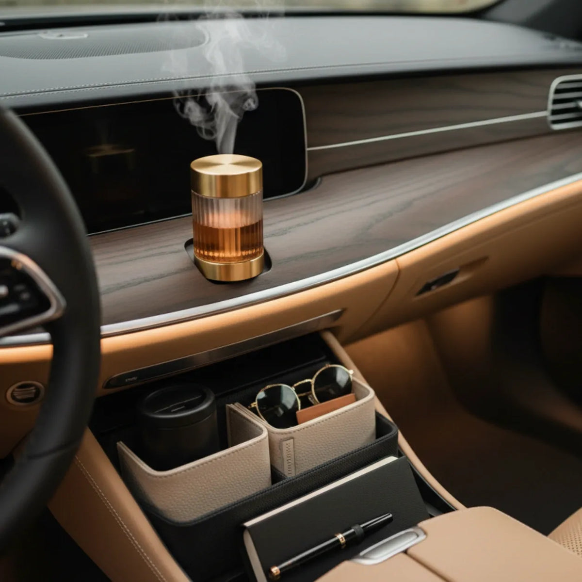 A cylindrical gold diffuser with a smoky top sits on a car dashboard next to a wood-grain center console and tan interior storage compartments.