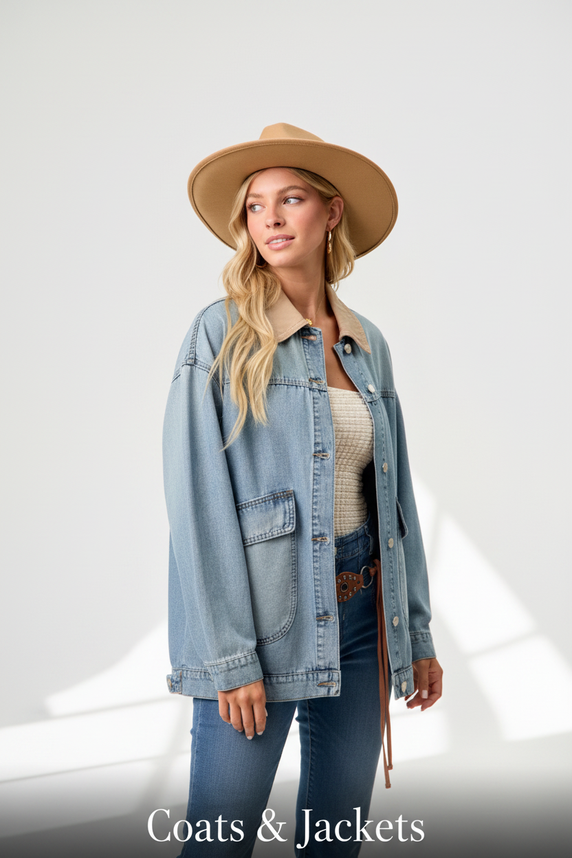 A lifestyle shot featuring a model in a floral puff-sleeve blouse and light-wash denim in a bright, airy setting.