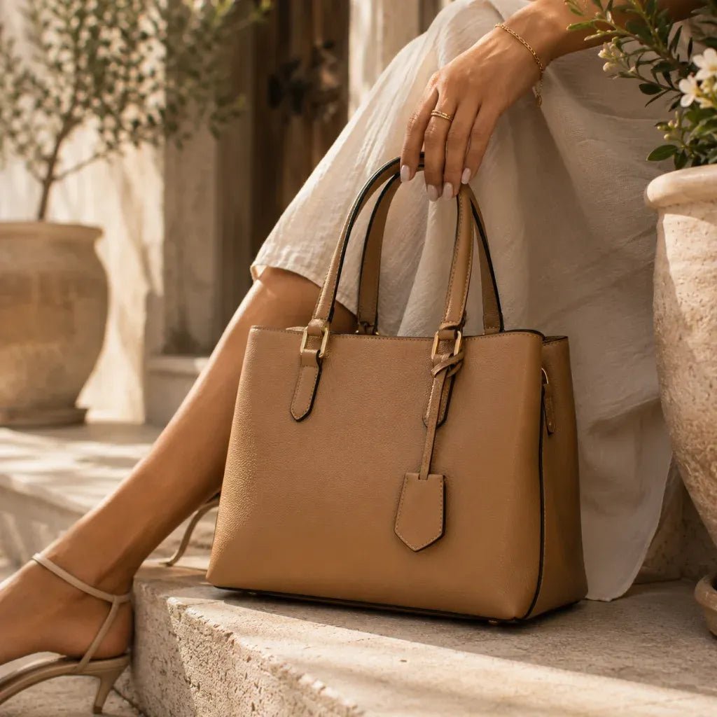 Woman holding a tan leather handbag in a Mediterranean-inspired outdoor setting for the women's bags and purses collection at Solazura Boutique.