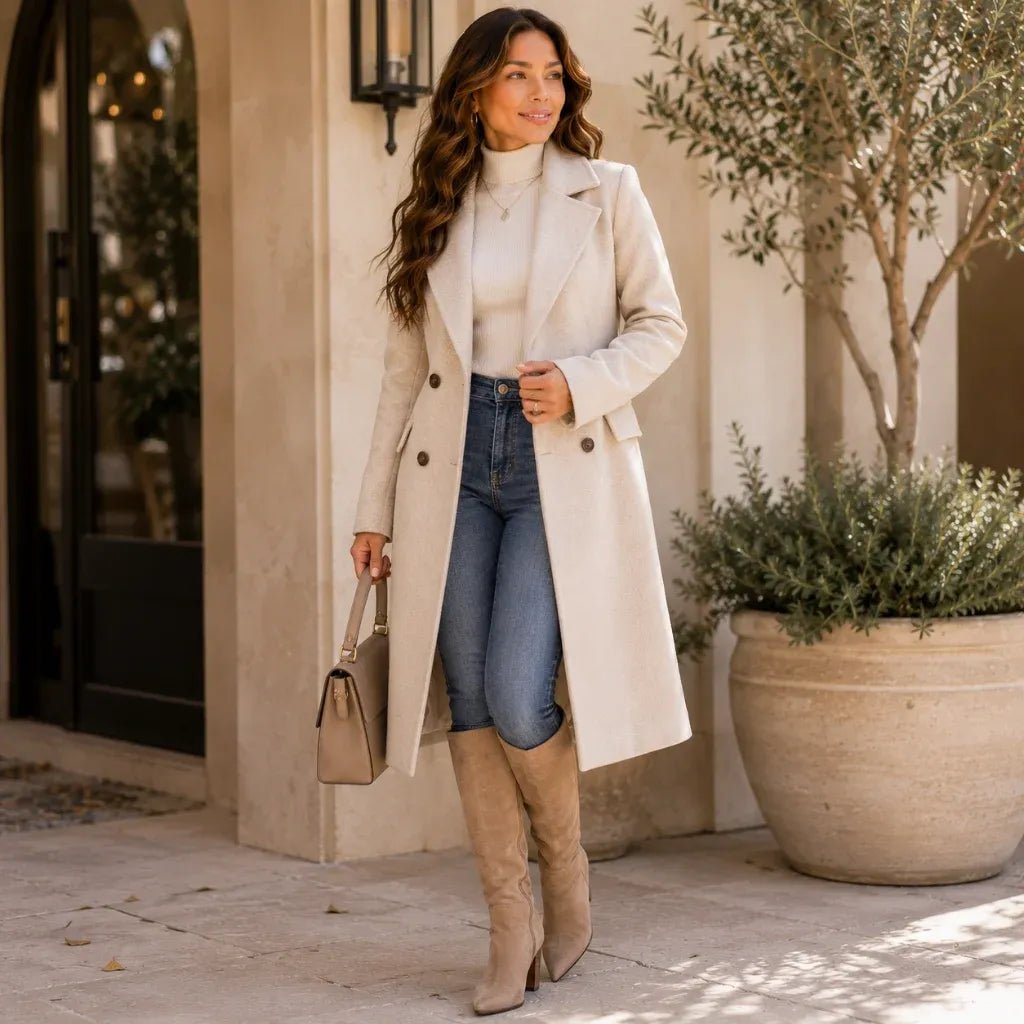 Woman wearing a cream tailored coat with jeans and knee-high boots for the women's coats collection at Solazura Boutique.