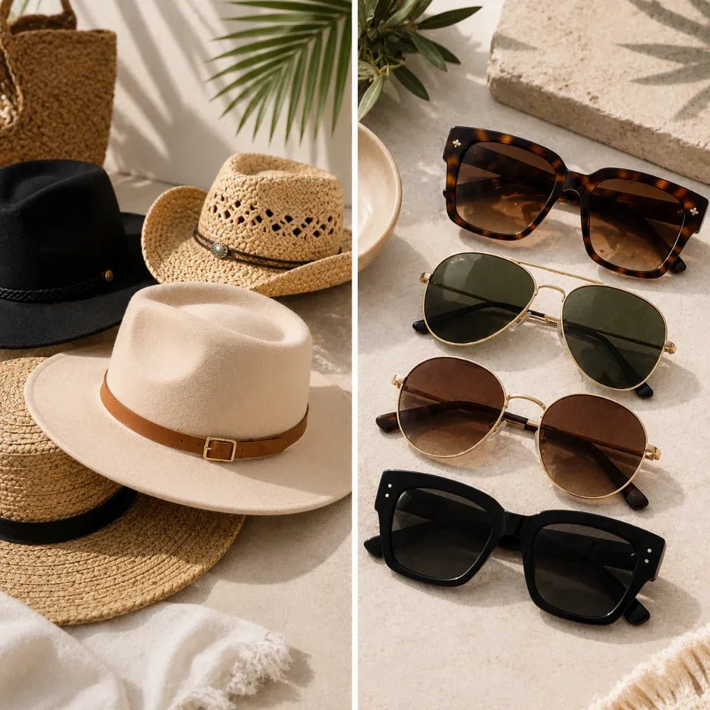 Women's boutique hats and sunglasses collection featuring stylish summer accessories in a luxury neutral flat lay.