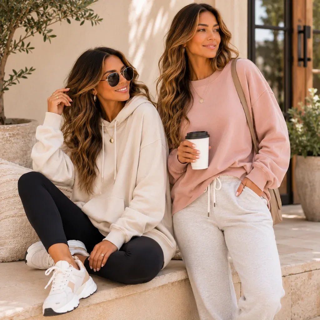 Two women wearing casual hoodies and sweatshirts for the women's hoodies and sweatshirts collection at Solazura Boutique.
