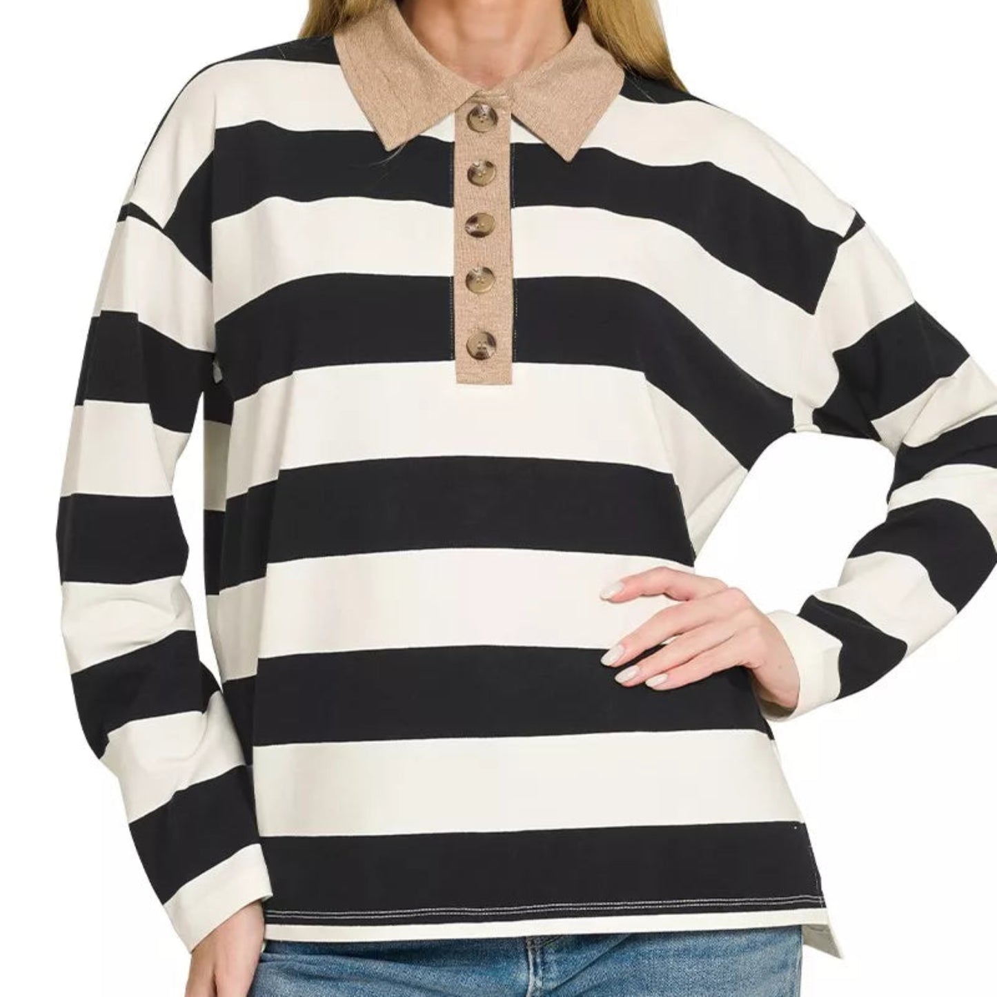 Close up shot of the button neckline and contrast collar trim on a Zenana polo shirt from Solazura Boutique