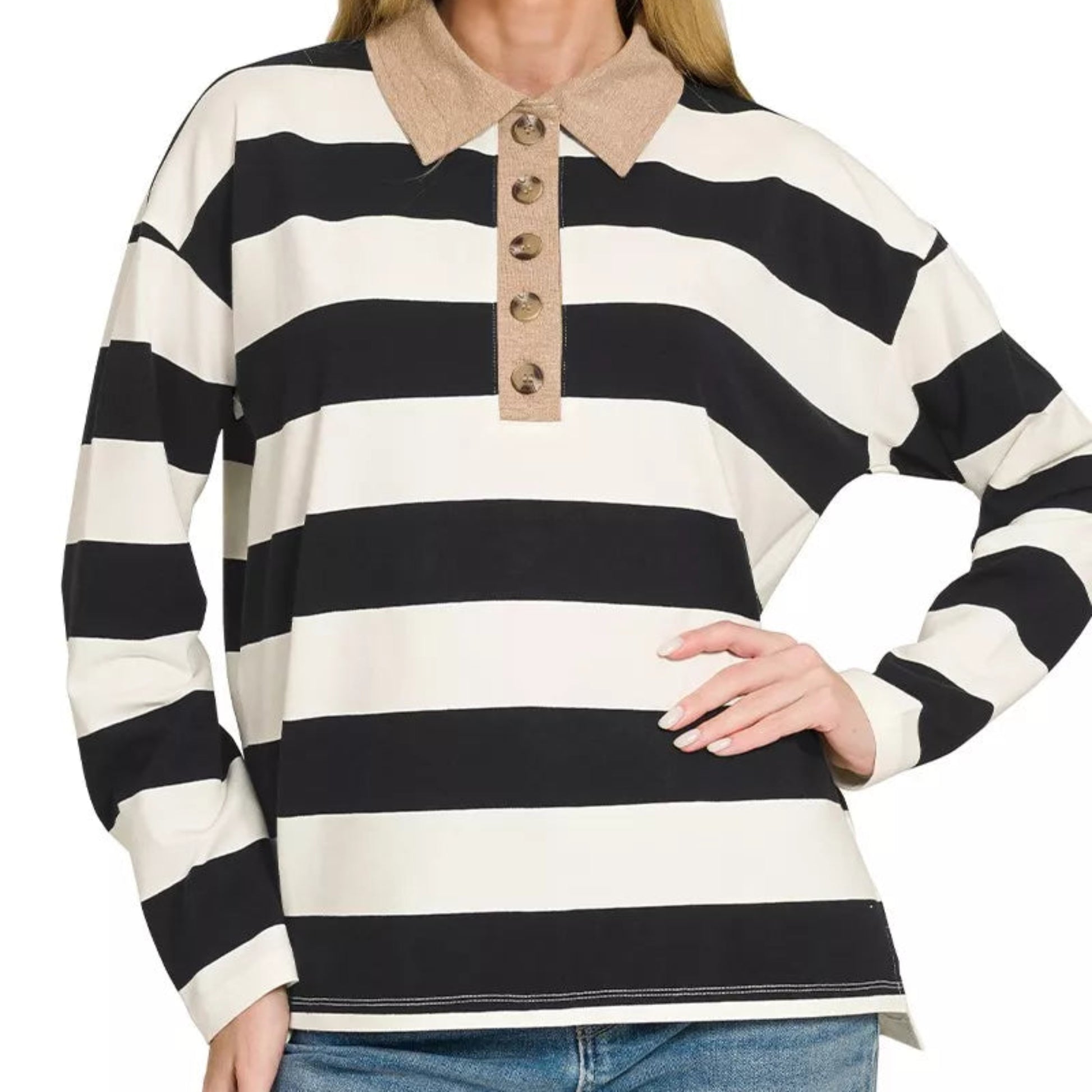 Close up shot of the button neckline and contrast collar trim on a Zenana polo shirt from Solazura Boutique