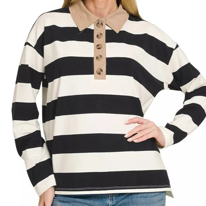 Close up shot of the button neckline and contrast collar trim on a Zenana polo shirt from Solazura Boutique