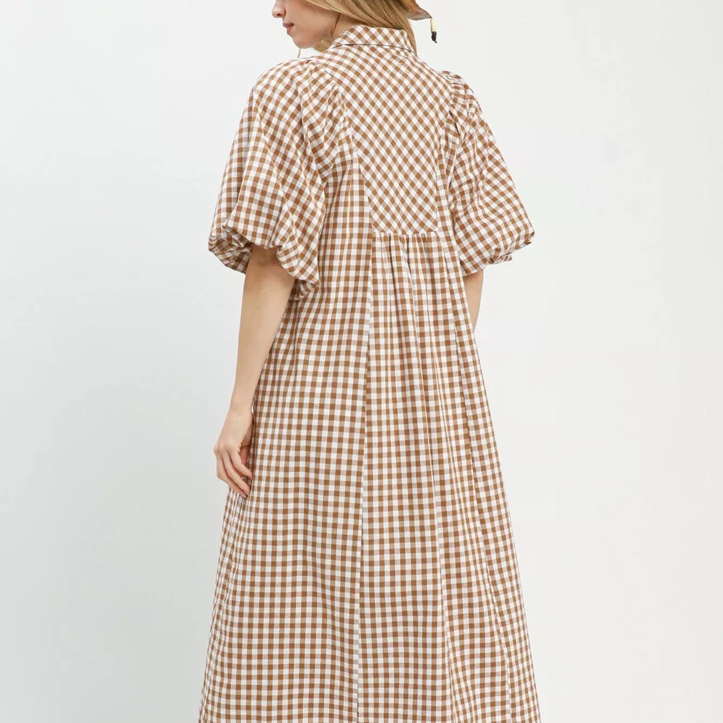 Back view of the brown plaid puff sleeve midi dress showing rear bodice fit from Solazura Boutique