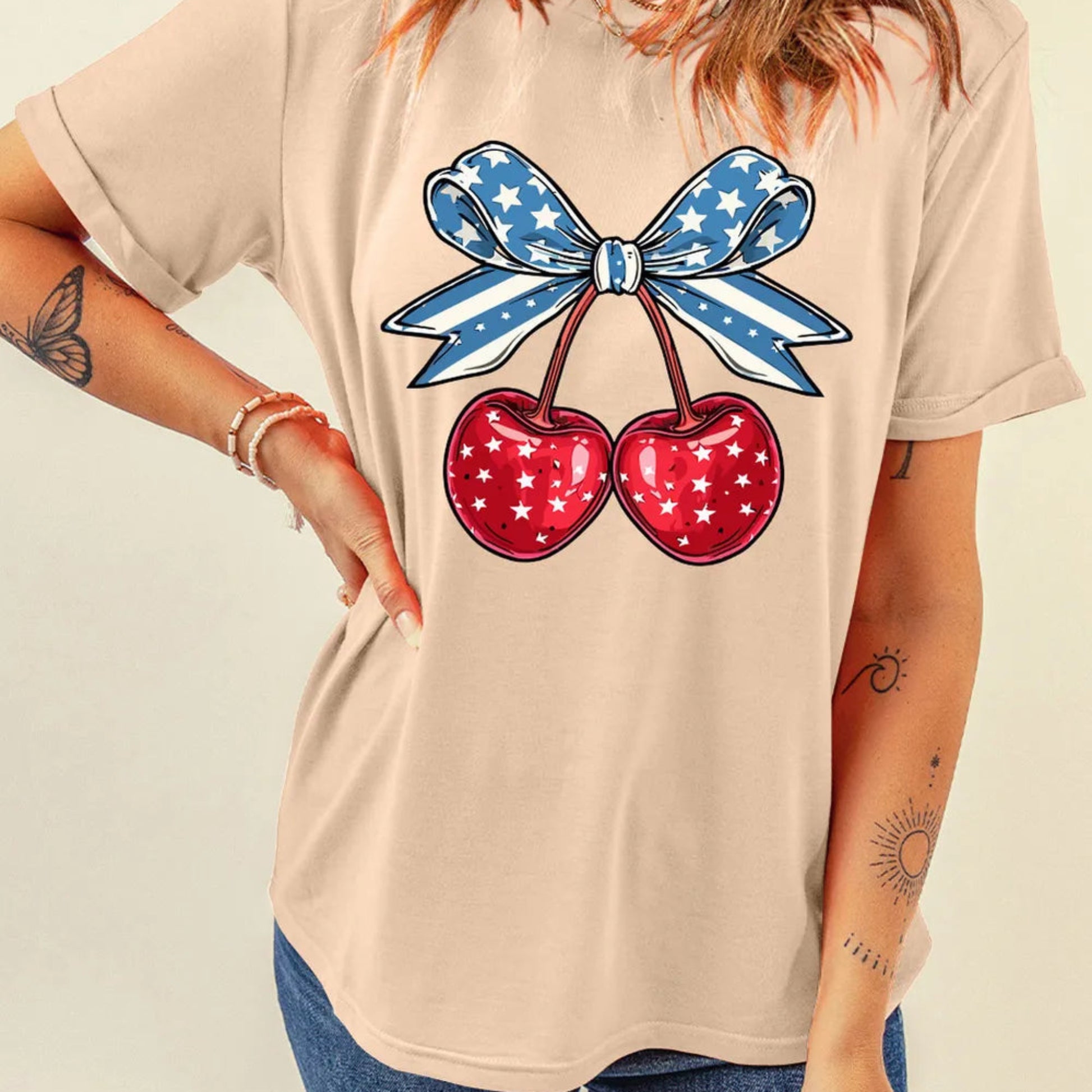 Cherry Graphic Round Neck Short Sleeve T-Shirt in Tan - Lifestyle View 2
