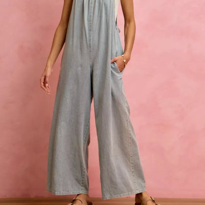 SO ME Wide Leg Lightweight Denim Overalls in Light Denim - Lifestyle View 1 
