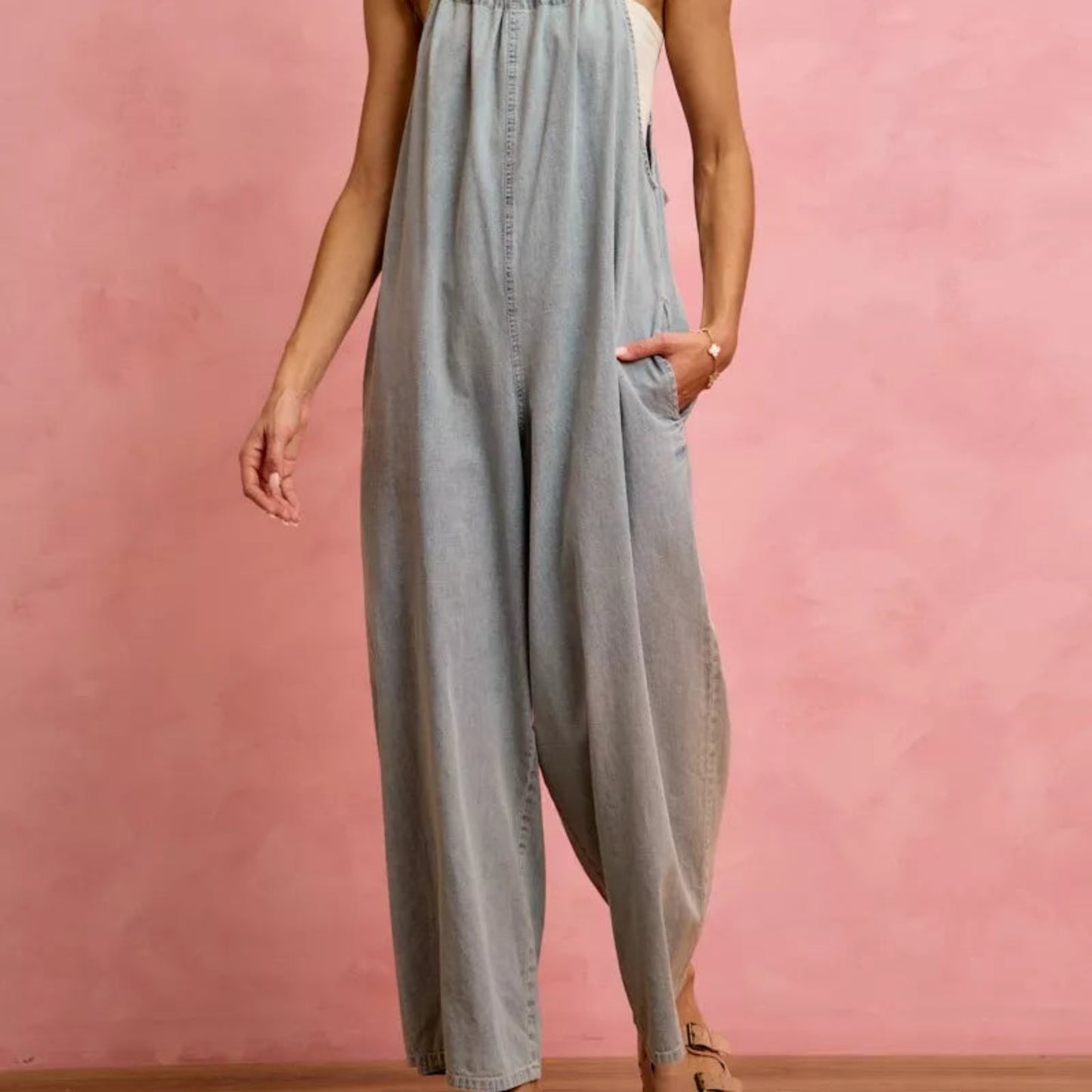 SO ME Wide Leg Lightweight Denim Overalls in Light Denim - Lifestyle View 6 