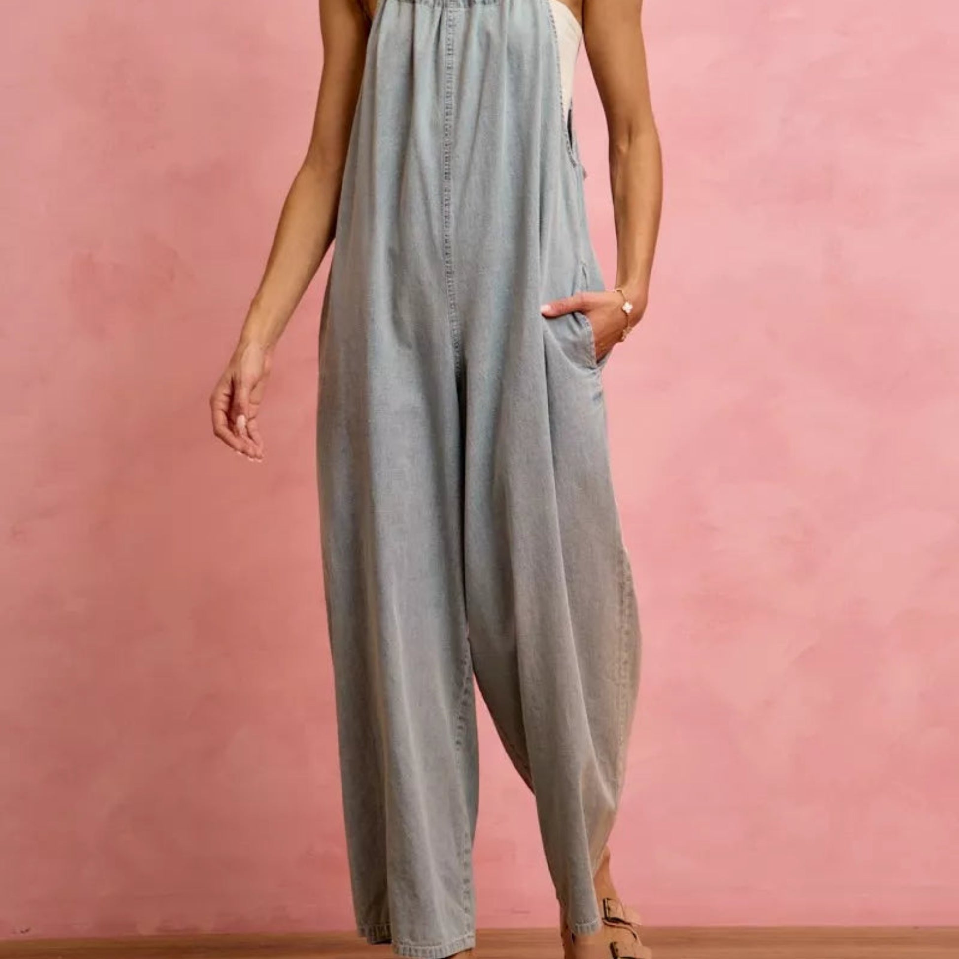 SO ME Wide Leg Lightweight Denim Overalls in Light Denim - Lifestyle View 6 