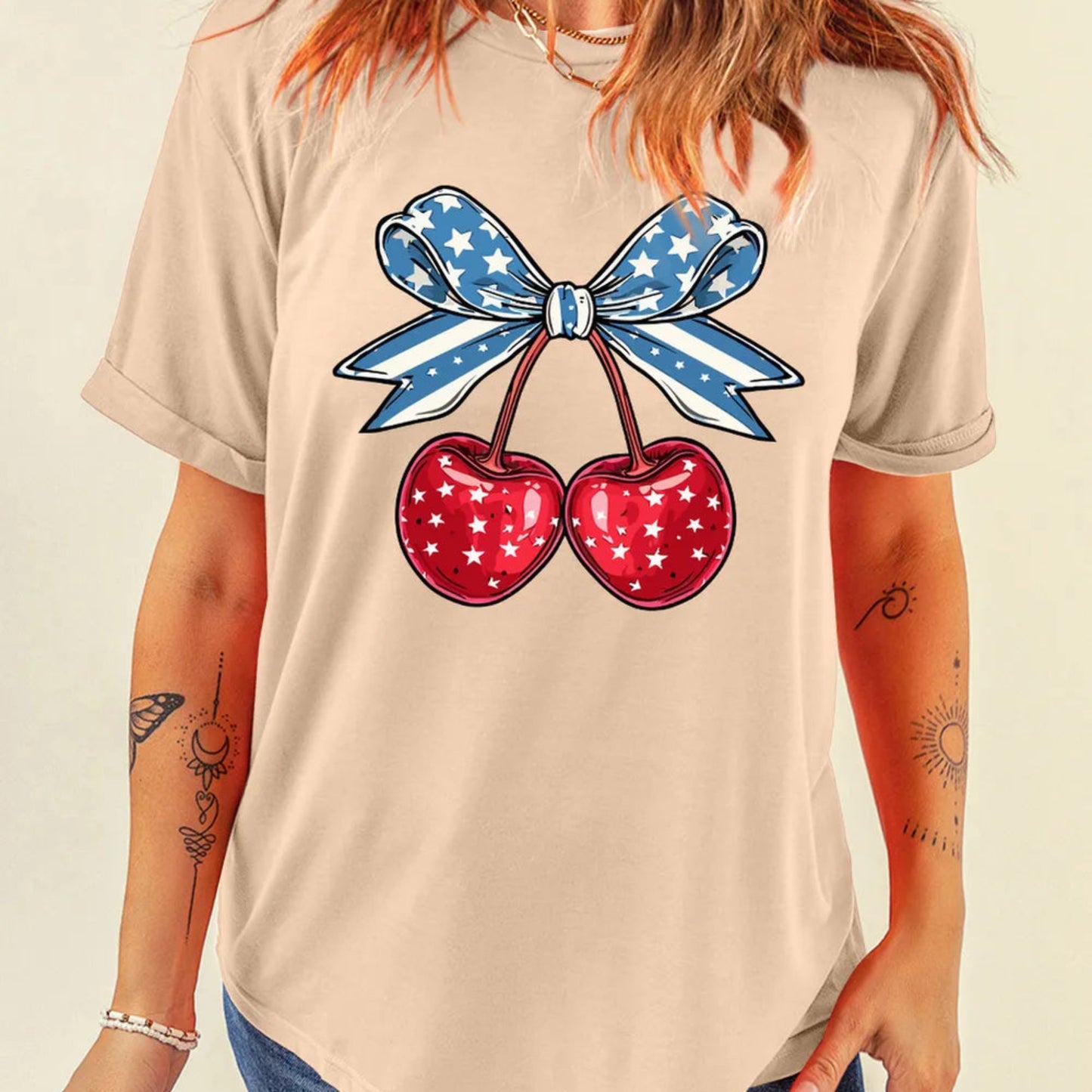 Cherry Graphic Round Neck Short Sleeve T-Shirt in Tan - Lifestyle View 1