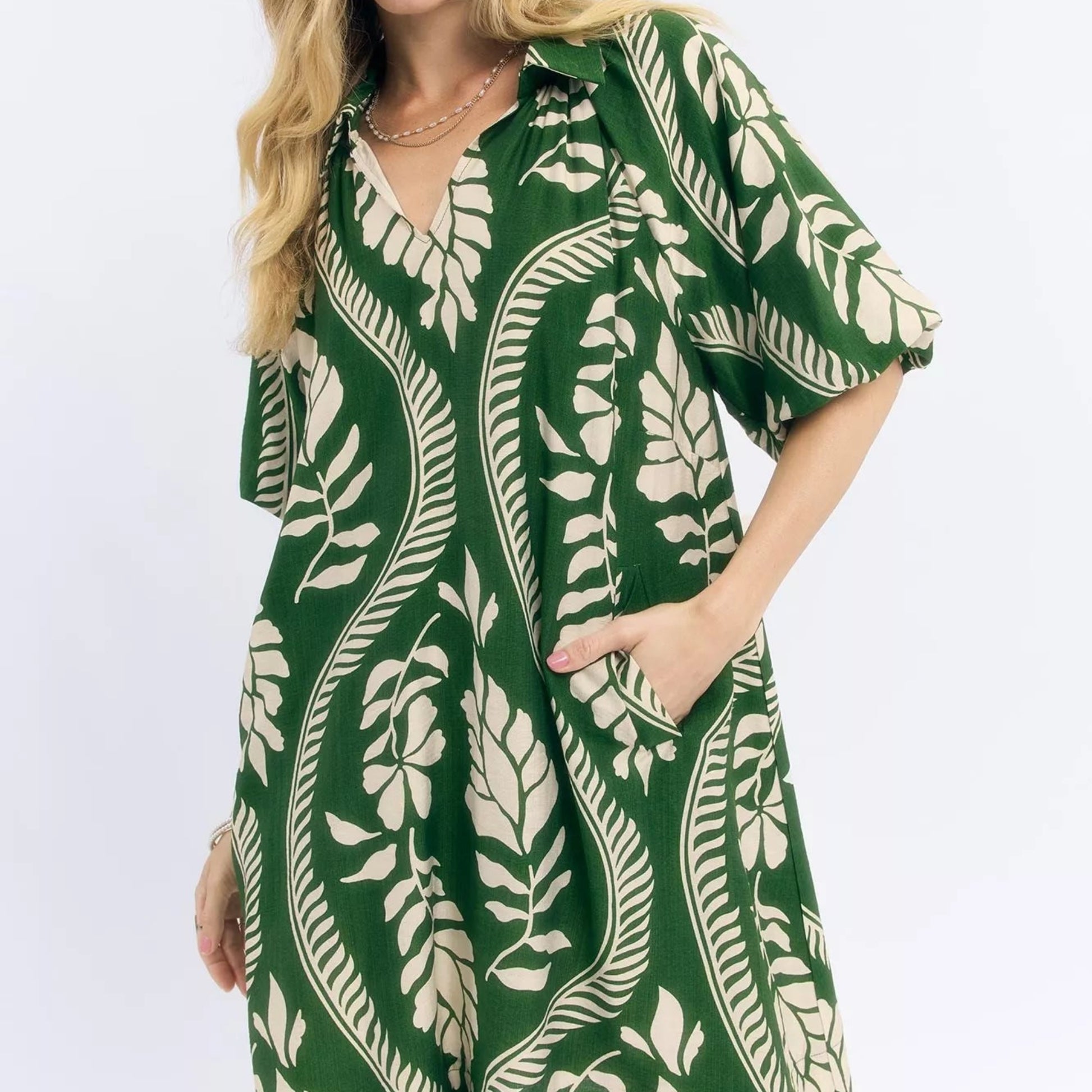 Umgee Leafy Ogee Print Mini Dress in Cream Green from Solazura Boutique