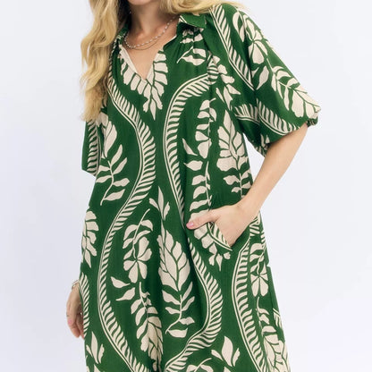 Umgee Leafy Ogee Print Mini Dress in Cream Green from Solazura Boutique